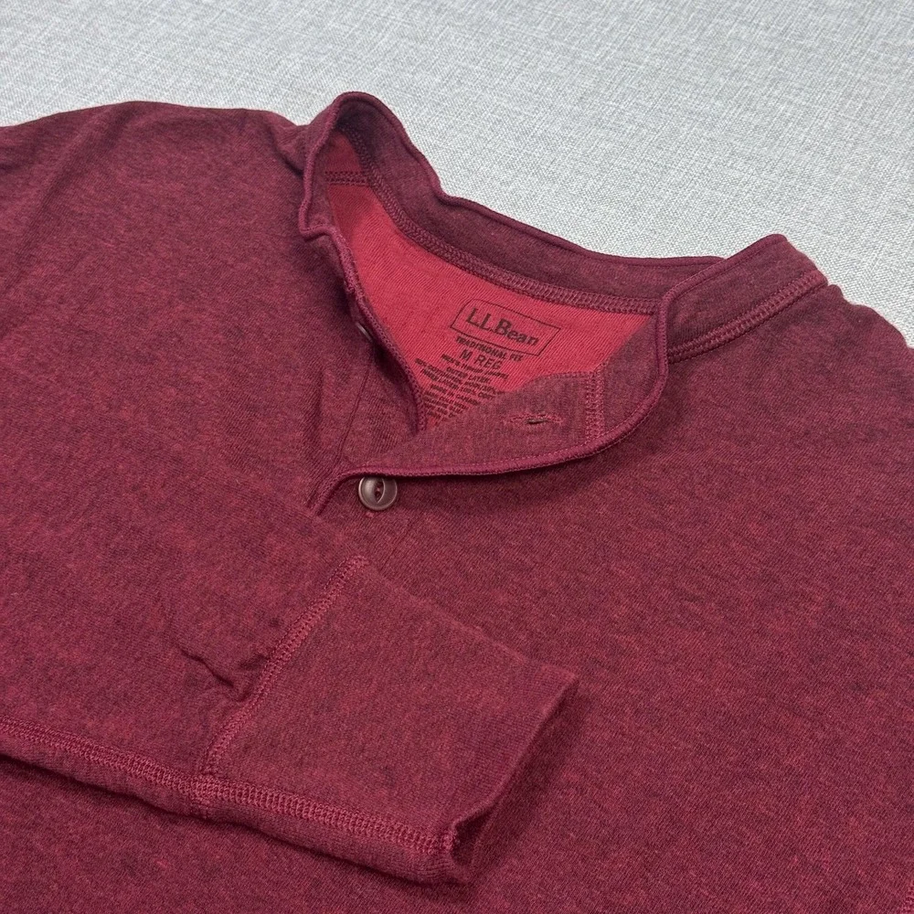 L.L. Bean Two-Layer River Driver's Henley Men Medium Red Long Sleeve Wool Blend